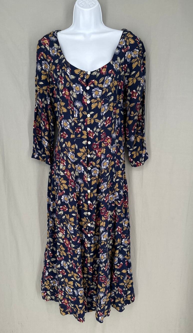 90s Vintage Dress Womens Medium Navy Blue Floral Maxi Cottagecore Button Boho